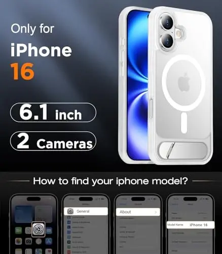 Temdan Magnetic iPhone 16 Case bilan mos, [O'rnatilgan ko'rinmas tirgak] [MagSafe bilan mos] [Harbiy standart zarbaga chidamli] Yengil o'tkazuvchan matli telefon qutisi iPhone 16 6.1