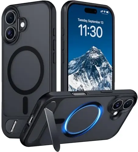 Temdan Magnetic iPhone 16 Case bilan mos, [Oʻrnatilgan koʻrinmas tirgak][MagSafe bilan mos] [Harbiy darajadagi zarbaga chidamli] Yengil yarim shaffof matli telefon qutisi iPhone 16 6.1