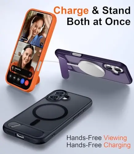 Temdan Magnetic iPhone 16 Case bilan mos, [Oʻrnatilgan koʻrinmas tirgak][MagSafe bilan mos] [Harbiy darajadagi zarbaga chidamli] Yengil yarim shaffof matli telefon qutisi iPhone 16 6.1