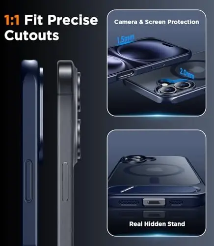 Temdan Magnetic iPhone 16 Plus uchun g‘ilof, [O‘rnatilgan ko‘rinmas tirgak][MagSafe bilan mos] [Harbiy darajadagi zarbaga chidamli] Yupqa shaffof matli telefon g‘ilofi iPhone 16 Plus 6.7