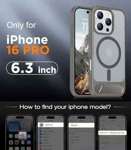 Temdan Magnetic iPhone 16 Pro Case bilan mos, [O'rnatilgan ko'rinmas tayanch] [MagSafe bilan mos] [Harbiy darajadagi zarbga chidamli] Yupqa shaffof matli telefon qutisi iPhone 16 Pro 6.3