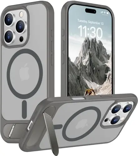 Temdan Magnetic iPhone 16 Pro Case bilan mos, [O'rnatilgan ko'rinmas tayanch] [MagSafe bilan mos] [Harbiy darajadagi zarbga chidamli] Yupqa shaffof matli telefon qutisi iPhone 16 Pro 6.3