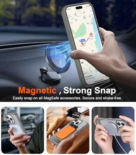 Temdan Magnetic iPhone 16 Pro Case bilan mos, [O'rnatilgan ko'rinmas tayanch] [MagSafe bilan mos] [Harbiy darajadagi zarbga chidamli] Yupqa shaffof matli telefon qutisi iPhone 16 Pro 6.3