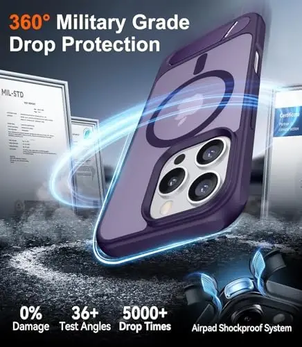 Temdan Magnetic iPhone 16 Pro Case bilan mos, [O'rnatilgan ko'rinmas tirgak][MagSafe bilan mos] [Harbiy darajadagi zarbga chidamli] Yupqa yarim shaffof matli telefon qutisi iPhone 16 Pro 6.3