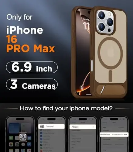 Temdan Magnetic iPhone 16 Pro Max bilan mos keladi, [Oʻrnatilgan koʻrinmas tayanch][MagSafe bilan mos] [Harbiy darajadagi zarbga chidamli] Yupqa yarim shaffof matli telefon gʻilofi iPhone 16 Pro Max 6.9