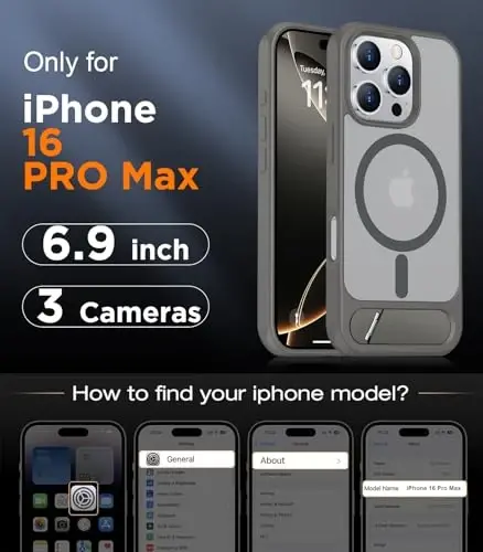 Temdan Magnetic iPhone 16 Pro Max bilan mos keladi, [O'rnatilgan ko'rinmas tirgak] [MagSafe bilan mos] [Harbiy darajadagi zarbga chidamli] Yassi yarim shaffof matli telefon qutisi iPhone 16 Pro Max 6.9