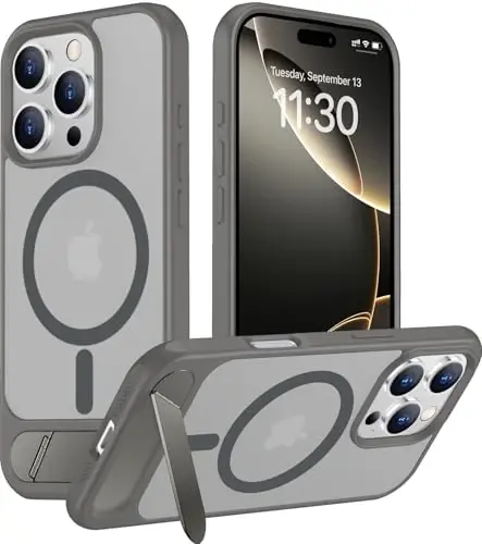 Temdan Magnetic iPhone 16 Pro Max bilan mos keladi, [O'rnatilgan ko'rinmas tirgak] [MagSafe bilan mos] [Harbiy darajadagi zarbga chidamli] Yassi yarim shaffof matli telefon qutisi iPhone 16 Pro Max 6.9