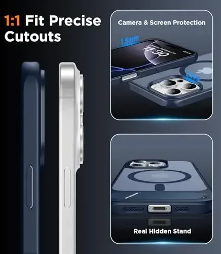 Temdan Magnetic iPhone 16 Pro Max bilan mos keladi, [O'rnatilgan ko'rinmas tirgak] [MagSafe bilan mos keladi] [Harbiy darajadagi zarbaga chidamli] Yassi yarim shaffof matli telefon g'ilofi iPhone 16 Pro Max 6.9