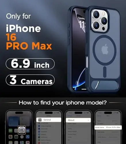 Temdan Magnetic iPhone 16 Pro Max bilan mos keladi, [O'rnatilgan ko'rinmas tirgak] [MagSafe bilan mos keladi] [Harbiy darajadagi zarbaga chidamli] Yassi yarim shaffof matli telefon g'ilofi iPhone 16 Pro Max 6.9