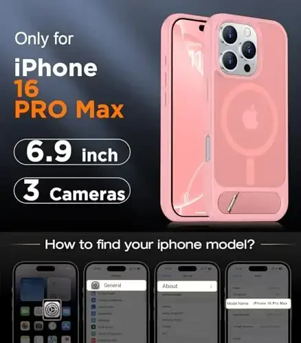 Temdan Magnetic iPhone 16 Pro Max bilan mos keladi, [Oʻrnatilgan koʻrinmas tirgak][MagSafe bilan mos] [Harbiy darajadagi zarbga chidamli] Yengil oʻtkazuvchan matli telefon gʻilofi iPhone 16 Pro Max 6.9