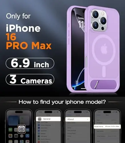 Temdan Magnetic iPhone 16 Pro Max bilan mos keladigan g'ilof, [O'rnatilgan ko'rinmas tirgak][MagSafe bilan mos][Harbiy darajadagi zarbga chidamli] Yupqa yarim shaffof matli telefon g'ilofi iPhone 16 Pro Max 6.9