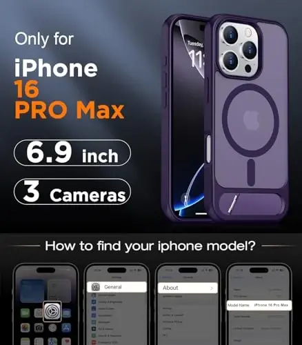 Temdan Magnetic iPhone 16 Pro Max g'ilofi bilan mos, [O'rnatilgan ko'rinmas tirgak][MagSafe bilan mos] [Harbiy darajadagi zarbga chidamli] Yengil yarim shaffof matli telefon g'ilofi iPhone 16 Pro Max 6.9
