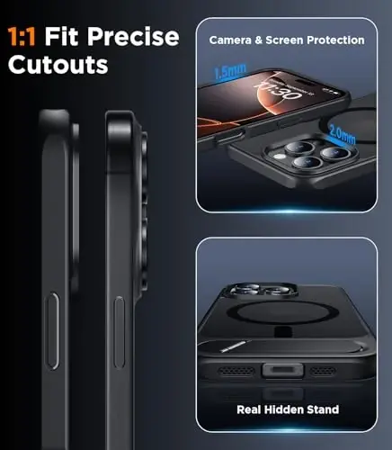 Temdan Magnetic, iPhone 16 Pro Max Kılıf ile Uyumlu, [Dahili Görünmez Destek Ayağı][MagSafe ile Uyumlu] [Askeri Sınıf Darbeye Dayanıklı] İnce Yarı Saydam Mat Telefon Kılıfı, iPhone 16 Pro Max 6.9