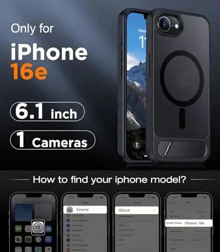 Temdan Magnetic iPhone 16E gʻilofi bilan mos, [Oʻrnatilgan koʻrinmas tirgak][MagSafe bilan mos][Harbiy standartlarga javob beradigan zarbga chidamli] iPhone 16E 6.1