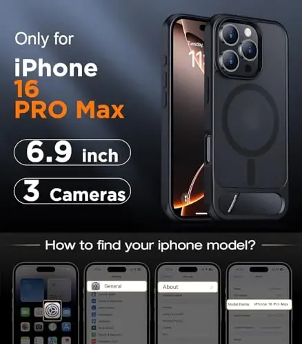 Temdan Magnit iPhone 16 Pro Max korpusi bilan mos keladi, [O'rnatilgan ko'rinmas tayanch] [MagSafe bilan mos keladi] [Harbiy darajadagi zarbaga chidamli] iPhone 16 Pro Max 6.9