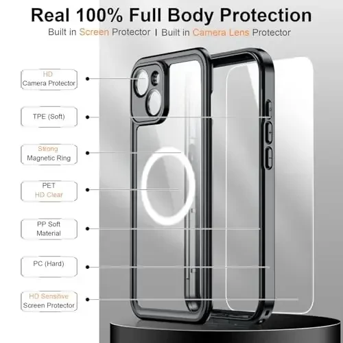 Temdan Magnetic for iPhone 15 Case Waterproof, [Built-in Screen Protector][IP68 Underwater][15FT Military Dropproof][Dustproof][Real 360] Full Body Shockproof Protective Phone Case 6.1'' - Black/Clear - 5