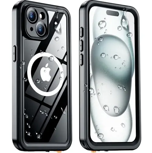 Temdan Magnetic for iPhone 15 Case Waterproof, [Built-in Screen Protector][IP68 Underwater][15FT Military Dropproof][Dustproof][Real 360] Full Body Shockproof Protective Phone Case 6.1'' - Black/Clear - 1