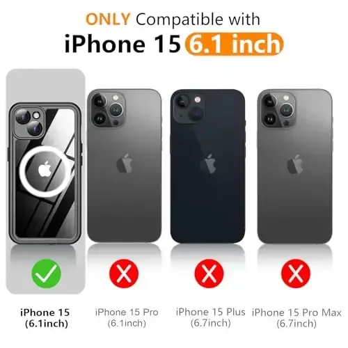 Temdan Magnetic for iPhone 15 Case Waterproof, [Built-in Screen Protector][IP68 Underwater][15FT Military Dropproof][Dustproof][Real 360] Full Body Shockproof Protective Phone Case 6.1'' - Black/Clear - TEMDAN (1)