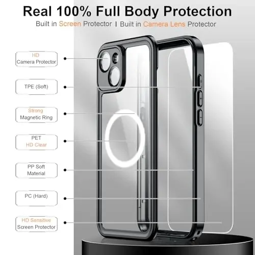 Temdan Magnetic for iPhone 15 Case Waterproof, [Built-in Screen Protector][IP68 Underwater][15FT Military Dropproof][Dustproof][Real 360] Full Body Shockproof Protective Phone Case 6.1'' - Black/Clear - 5