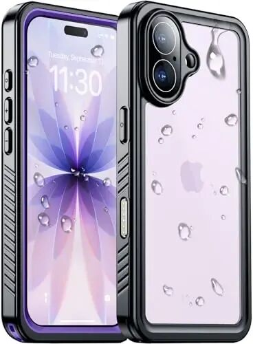 Temdan Совместимый с чехлом для iPhone 17, водонепроницаемый со встроенным защитным экраном и камерой, IP68, подводный, полноразмерный, 17 футов, военный, ударопрочный, противоударный чехол для телефона 6,3 дюйма, фиолетовый/прозрачный 
