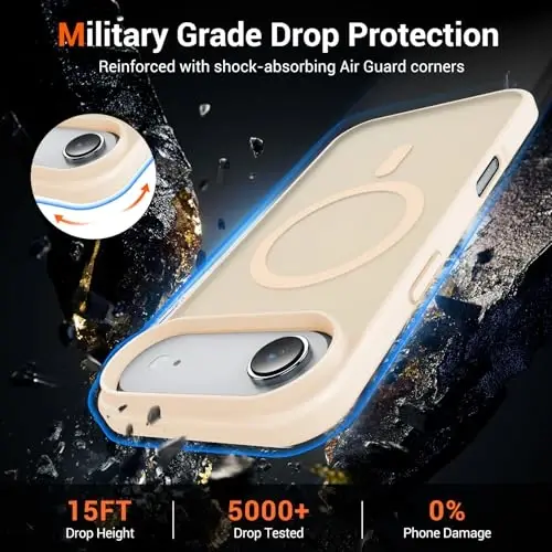 Temdan uchun iPhone 17 Air Ekran Himoyachisi bilan G‘ilof, Magsafe Bilan Mos Keladi, Sarg‘ayishga Qarshi, Harbiy Darajadagi Himoya, Zarbga Chidamli Yupqa Magnit Telefon G‘ilofining Qopqog‘i, Qumli Kukun - 4