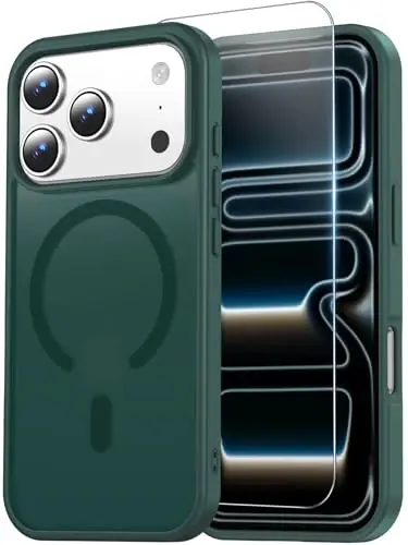 Temdan uchun iPhone 17 Pro Max g‘ilofi ekran himoya oynasi bilan, Magsafe bilan mos keladi, sarg‘ayishga qarshi, harbiy darajadagi himoya, zarbaga chidamli yupqa magnit telefon g‘ilofi, O‘rmon yashil 