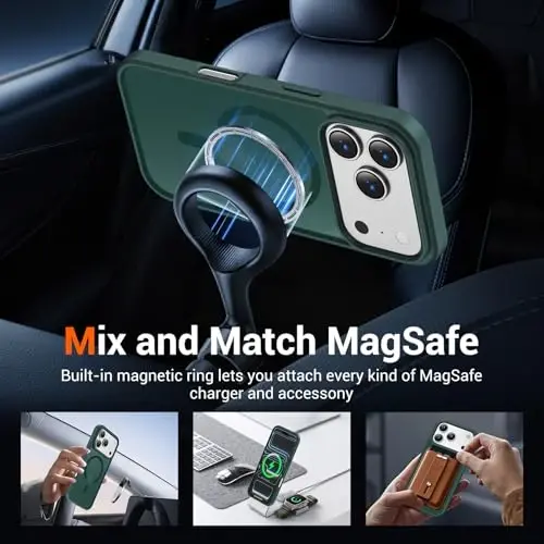 Temdan uchun iPhone 17 Pro Max g‘ilofi ekran himoya oynasi bilan, Magsafe bilan mos keladi, sarg‘ayishga qarshi, harbiy darajadagi himoya, zarbaga chidamli yupqa magnit telefon g‘ilofi, O‘rmon yashil - 3