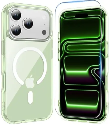 Temdan uchun iPhone 17 Pro Max G‘ilofi Shaffof Ekran Himoyasi Bilan, Magsafe Bilan Mos, Sarg‘ayishga Qarshi, Harbiy Darajadagi Himoya, Zarbga Chidamli Yupqa Magnit Telefon G‘ilofi Muqovasi, Yashil 