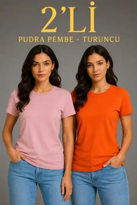 Basic Bisiklet Yaka Yazlık Slim Fit T-Shirt - Pudra Pembe - Turuncu - BÜYÜKBEDENIZ