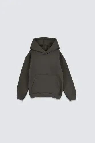 Basic Kapüşonlu Şardonlu Kanguru Cep Detaylı Çocuk Sweatshirt 3-10 Yaş Ekru-Haki - 1
