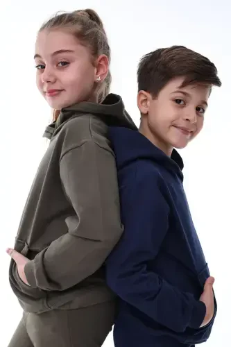 Basic Kapüşonlu Şardonlu Kanguru Cep Detaylı Çocuk Sweatshirt 3-10 Yaş Ekru-Haki - 4