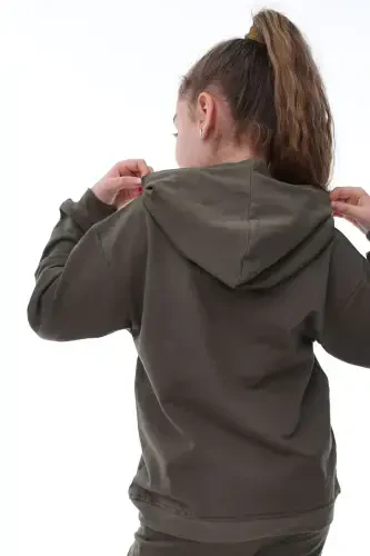 Basic Kapüşonlu Şardonlu Kanguru Cep Detaylı Çocuk Sweatshirt 3-10 Yaş Ekru-Haki - 5