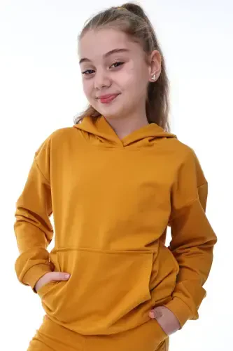 Basic Kapüşonlu Şardonlu Kanguru Cep Detaylı Çocuk Sweatshirt 3-10 Yaş Ekru-Hardal - ZUZUNGA (1)