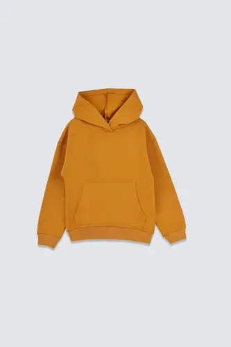 Basic Kapüşonlu Şardonlu Kanguru Cep Detaylı Çocuk Sweatshirt 3-10 Yaş Hardal - Hardal - 2
