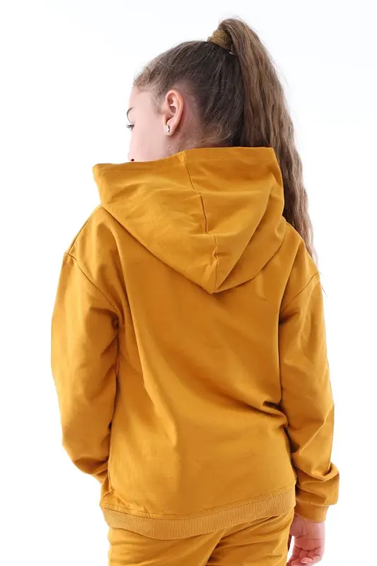 Basic Kapüşonlu Şardonlu Kanguru Cep Detaylı Çocuk Sweatshirt 3-10 Yaş Hardal - Hardal - 5
