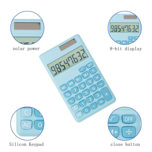 Basic Standard Calculators Small Digital Desktop Calculator with 8-Digit LCD Display, Battery Solar Power Smart Calculator Pocket Size for Kids for Home School (Blue 2pcs) - 3