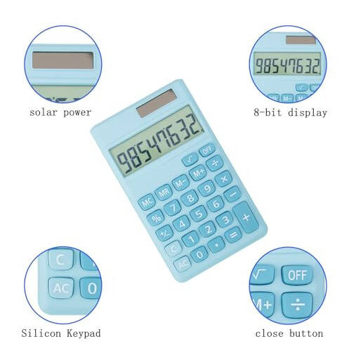 Basic Standard Calculators Small Digital Desktop Calculator with 8-Digit LCD Display, Battery Solar Power Smart Calculator Pocket Size for Kids for Home School (Blue 2pcs) - 3