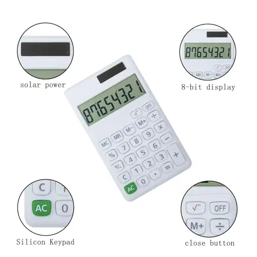 Basic Standard Calculators Small Digital Desktop Calculator with 8-Digit LCD Display, Battery Solar Power Smart Calculator Children's School Adult Office Family Standard Functions (8 Bit White) - 2