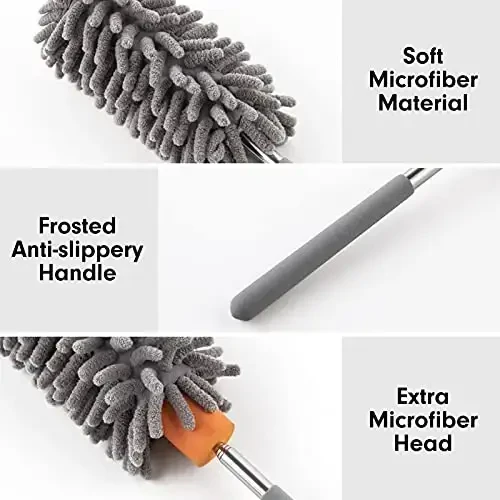 Microfiber Duster for Cleaning, Tukuos Hand Washable Dusters with 2pcs Replaceable Microfiber Head, Extendable Pole, Detachable Cleaning Brush Tool for Office, Car, Window, Furniture, Ceiling Fan - 6