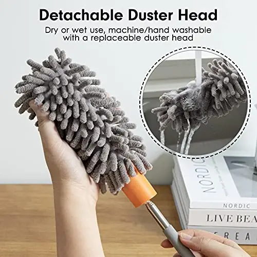 Microfiber Duster for Cleaning, Tukuos Hand Washable Dusters with 2pcs Replaceable Microfiber Head, Extendable Pole, Detachable Cleaning Brush Tool for Office, Car, Window, Furniture, Ceiling Fan - 2