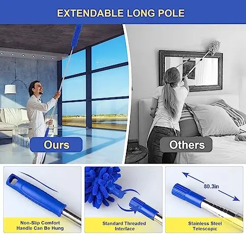 Dusters for Cleaning, Newliton Duster with Extension Pole Microfiber Ceiling Fan Cobweb Duster, Long Duster for High Ceilings Wall Refrigerator Appliance Baseboard Home Furniture Blinds - 3