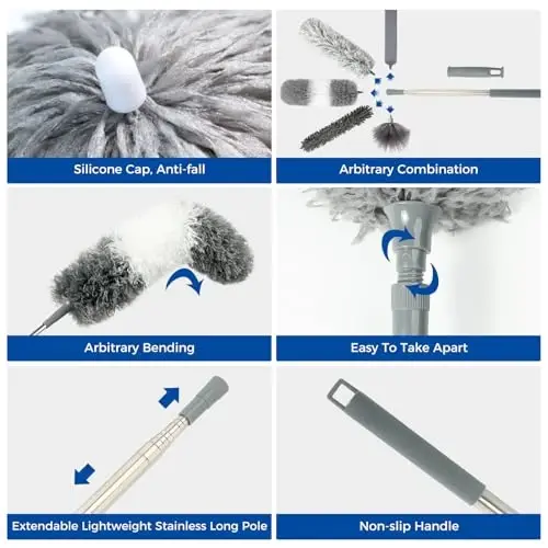 9Pcs Dusters for Cleaning Kit, Extendable Microfiber Duster Tools with 100