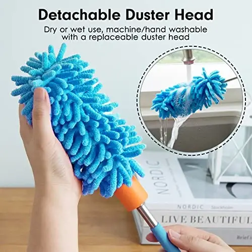 Microfiber Duster for Cleaning, Tukuos Hand Washable Dusters with 2pcs Replaceable Microfiber Head, Extendable Pole, Detachable Cleaning Brush Tool for Office, Car, Window, Furniture, Ceiling Fan - 2