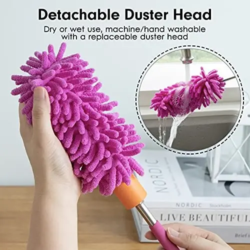 Microfiber Duster for Cleaning, Tukuos Hand Washable Dusters with 2pcs Replaceable Microfiber Head, Extendable Pole, Detachable Cleaning Brush Tool for Office, Car, Window, Furniture, Ceiling Fan - 2