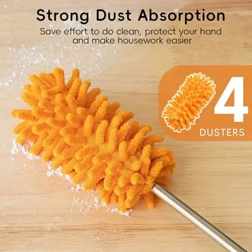 Microfiber Duster for Cleaning, Tukuos Hand Washable Dusters with 4pcs Replaceable Microfiber Heads, Extendable Pole, Detachable Cleaning Supplies for Office, Car, Window, Furniture, Ceiling Fan - 2