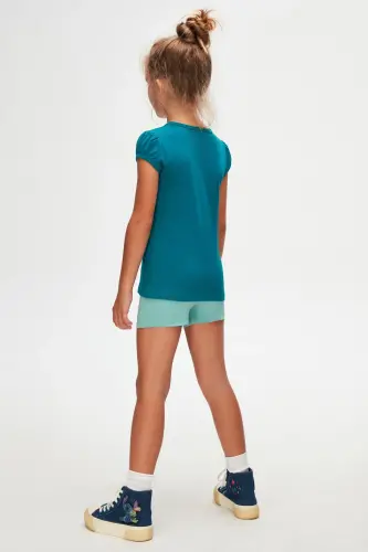 Тёмно-нефтяной базовый для девочек футболка с круглым вырезом и рукавами-фонариками - PACIFIC - 4