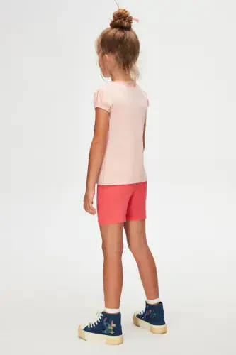 Тёмно-розовая меланжевая базовая футболка для девочки с круглым вырезом и рукавами-фонариками - DARK PINK MELANGE - 4