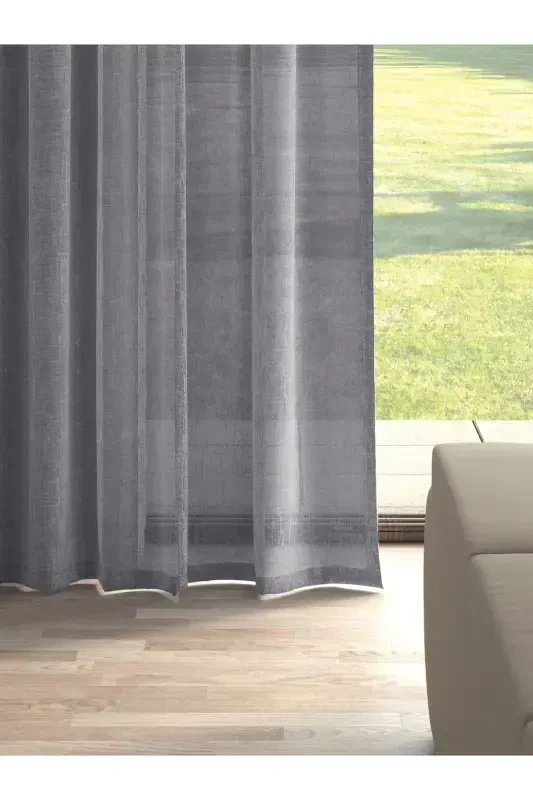 Тёмно-серый льняной вид однотонной тюлевой занавески, не требующей глажки - ТЁМНО-СЕРЫЙ - 2