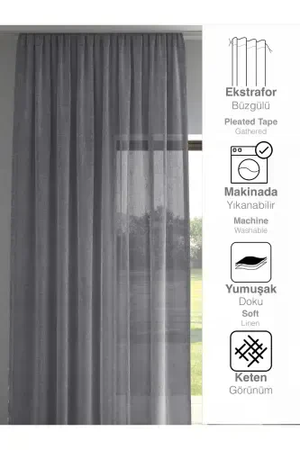 Тёмно-серый льняной вид однотонной тюлевой занавески, не требующей глажки - ТЁМНО-СЕРЫЙ - 3