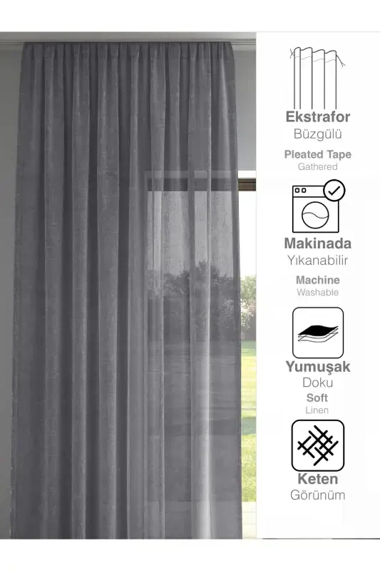 Тёмно-серый льняной вид однотонной тюлевой занавески, не требующей глажки - ТЁМНО-СЕРЫЙ - 3